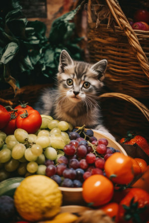 A kitten sitting in front of a basket of fruit. AI generative image.の素材