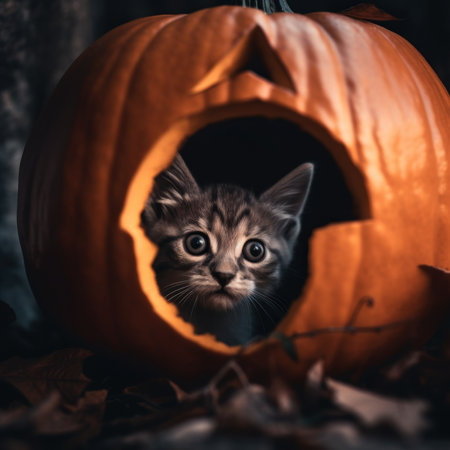 A kitten peeking out of a carved pumpkin. AI generative image.の素材
