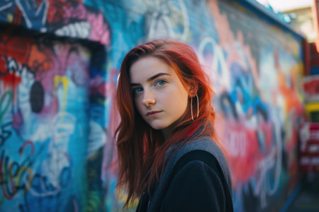 A woman with red hair standing in front of a graffiti covered wall. AI generative image.の素材