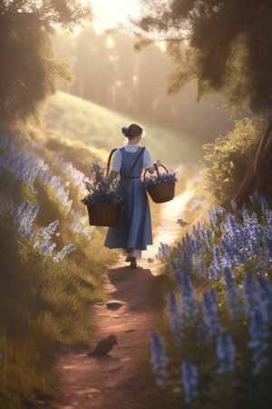 A woman walking down a path carrying a basket of flowers. AI generative image.の素材