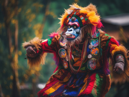 A man in a colorful costume with a monkey face. AI generative image.の素材