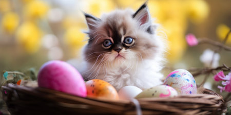 A kitten sitting in a basket with easter eggs. AI generative image.の素材