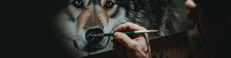 A man is painting a picture of a wolf. AI generative image.の素材