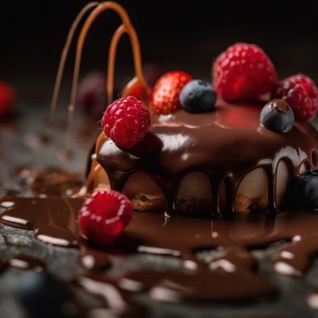 A chocolate covered dessert with raspberries and chocolate sauce. AI generative image.の素材