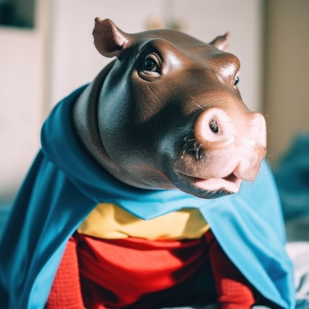 A stuffed hippo wearing a cape on a bed. AI generative image.の素材