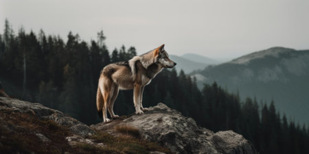 A lone wolf standing on top of a mountain. AI generative image.の素材