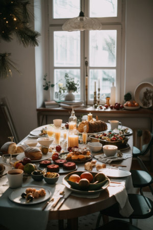 A table with plates of food and candles on it. AI generative image.の素材