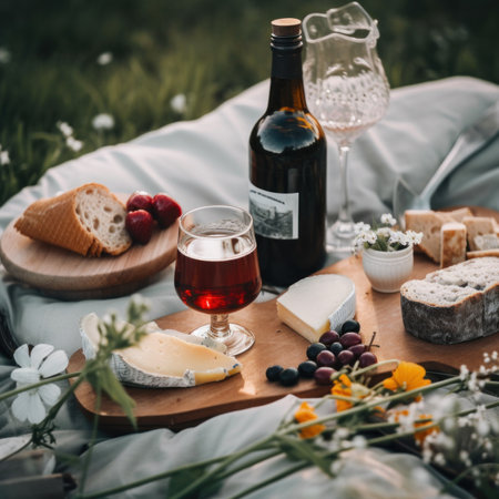 A bottle of wine, bread, cheese and berries on a blanket. AI generative image.の素材