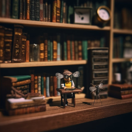 A small figurine sitting on a desk in front of a bookshelf. AI generative image.の素材