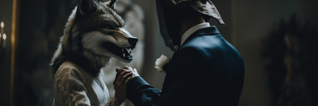 A man in a suit and a woman in a wolf mask. AI generative image.の素材