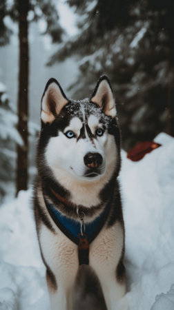 A husky dog is standing in the snow. AI generative image.の素材