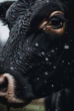 A close up of a cows face in the snow. AI generative image.の素材