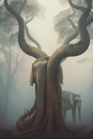 Surreal picture, a couple of elephants standing next to a tree. AI generative image.の素材