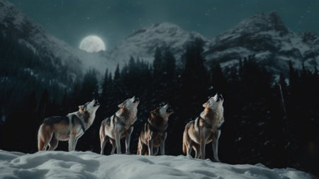 A group of wolfs standing on top of a snow covered hill. AI generative image.の素材
