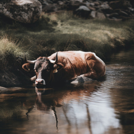 A brown cow laying down in a body of water. AI generative image.の素材