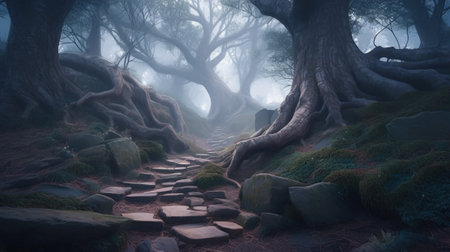 A path in the woods with rocks and trees. AI generative image.の素材