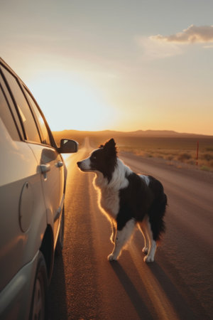 Roadtrip with pets. A black and white dog standing next to a car. AI generative image.の素材