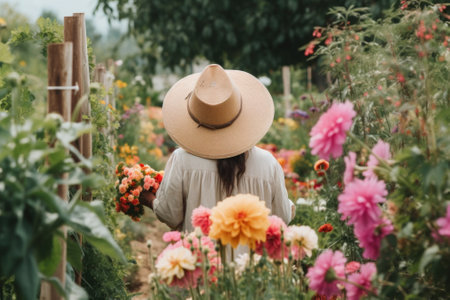 A woman wearing a hat and holding a bunch of flowers in a garden. AI generative image.の素材