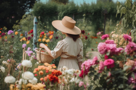A woman wearing a hat and holding a bunch of flowers in a garden. AI generative image.の素材