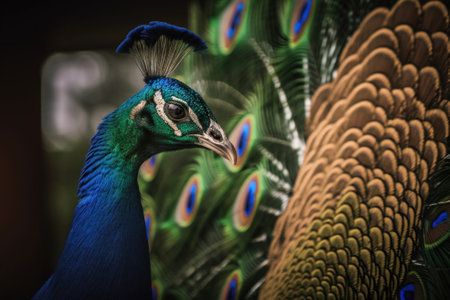 A close up of a peacock with feathers. AI generative image.の素材