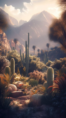 A painting of a desert scene with cactus trees. AI generative image.の素材