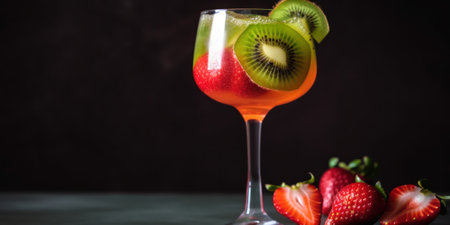 One glass of fruity kiwi and strawberry spritz cocktail drink. AI generative image.の素材