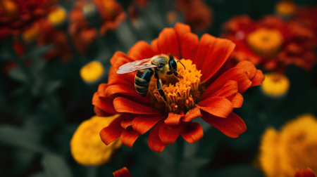 A bee sitting on top of a red flower. AI generative image.の素材