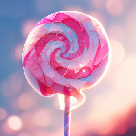 A pink and white lollipop sitting on top of a stick. AI generative image.の素材
