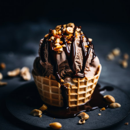 A waffle cone with scoops of peanut butter ice cream and nuts. AI generative image.の素材