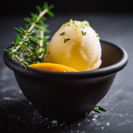 A bowl of tangy lemon and thyme ice cream. AI generative image.の素材