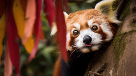 A close up of a red panda peeking out of a tree. AI generative image.の素材
