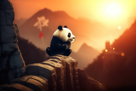 A panda bear sitting on top of a Great Chinese Wall. AI generative image.の素材