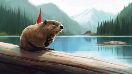 A beaver sitting on a log in front of a lake. AI generative image.の素材