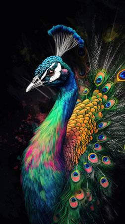 A colorful peacock with feathers on a black background. AI generative image.の素材