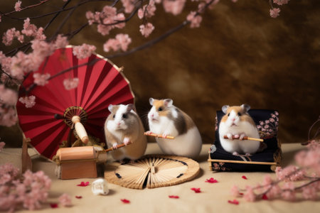 A couple of japanese hamsters sitting next to a red umbrella. AI generative image.の素材