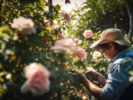 A gardener in a hat is trimming or pruning a rose bush. AI generative image.の素材