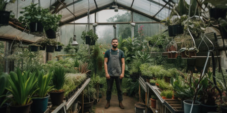 A proud man standing in a greenhouse with lots of plants. AI generative image.の素材