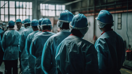 A group of factory workers at productoin line. AI generative image.の素材