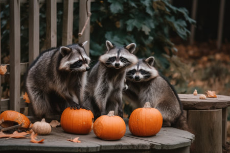 Three raccoons sitting on a bench with pumpkins. AI generative image.の素材