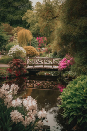A bridge over a pond surrounded by flowers. AI generative image.の素材