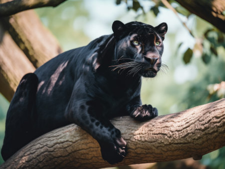 A black panther sitting on a tree branch. AI generative image.の素材