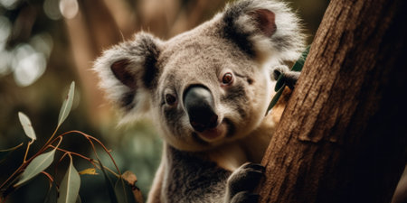 A koala bear climbing an eucalyptus tree in a forest. AI generative image.の素材