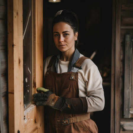 Female carpenter with a saw standing by a door. AI generative image.の素材