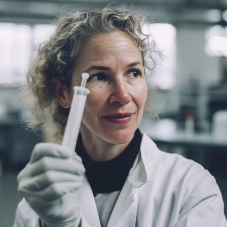 A woman in a lab coat holding a tube. AI generative image.の素材