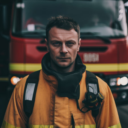 A firefighter standing in front of a fire truck. AI generative image.の素材