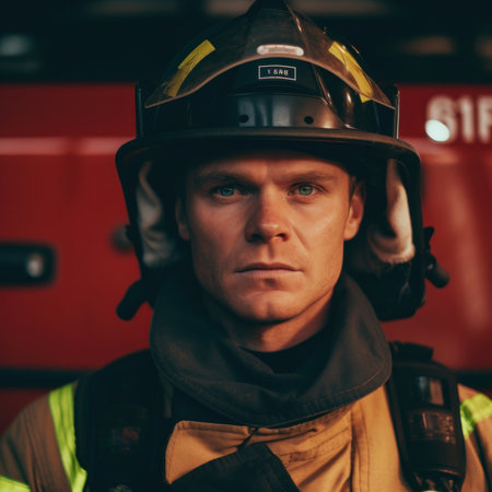 A man in a firefighters uniform and helmet. AI generative image.の素材