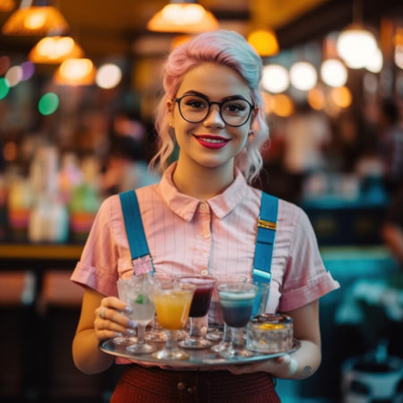A woman in glasses holding a tray of drinks. AI generative image.の素材