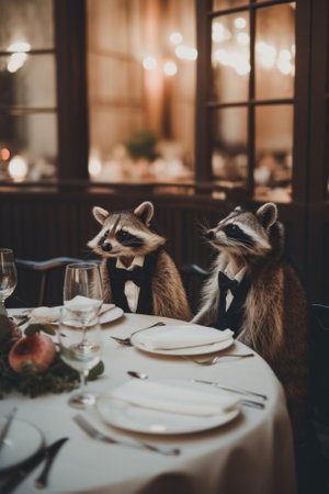 A couple of raccoons sitting at a table. AI generative image.の素材