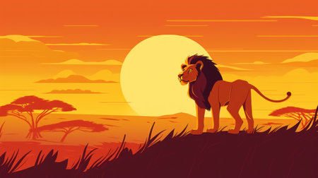 A lion standing on top of a grass covered field. AI generative image.の素材