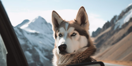 A close up of a dog looking out a car window. AI generative image.の素材